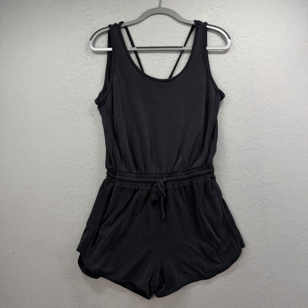 Athleta Romper Women's S Black Knit Strappy Open Back Drawstring Shorts Jumpsuit